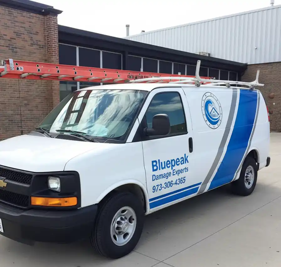 Bluepeak Damage Experts service van ready for emergency water damage restoration in Closter